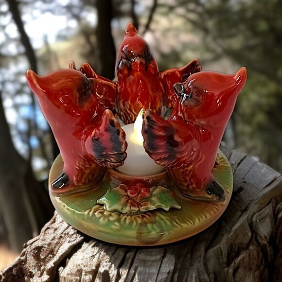 Cardinal Ceramic Candle Holder Trio Circle Tea Light Votive Christmas Winter - Picture 15 of 16